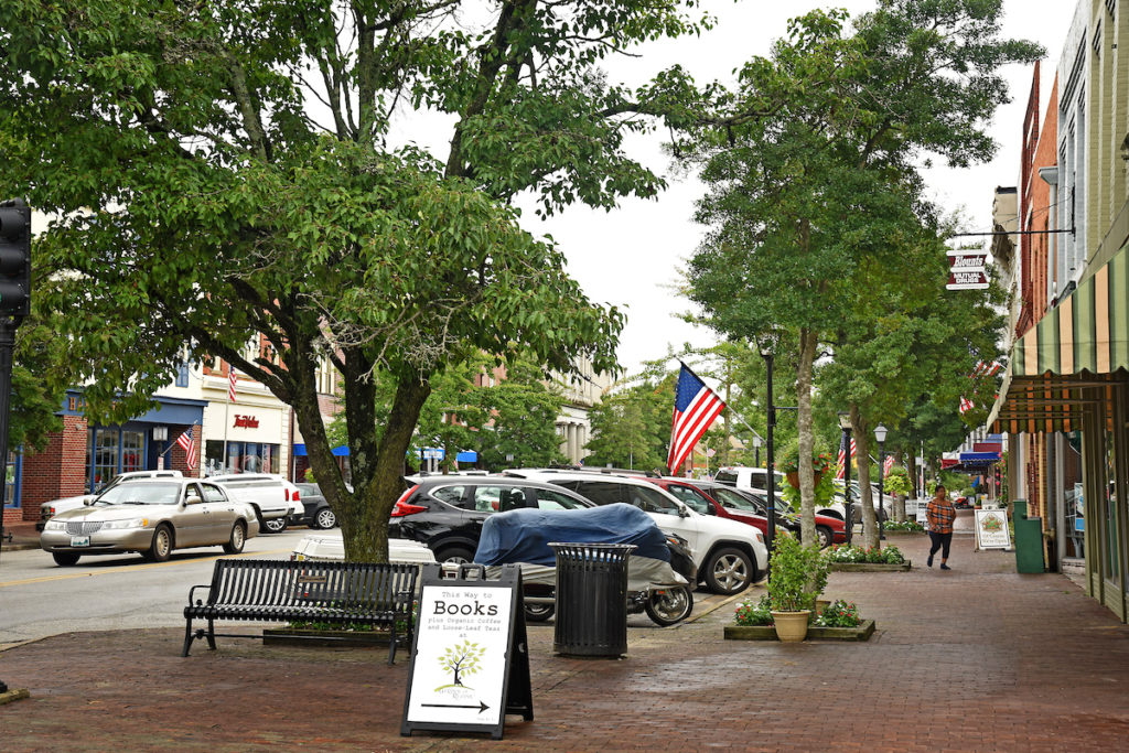 View of downtown city block. Trees line the brick sidewalks seperating the parking lot from the historic storefronts. 