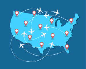 US Map with destination pins and airplanes with flight trackers across it