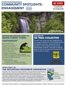 Waterfall image over three colorful boxes with descriptions of the community engagement spotlights listed above. 
